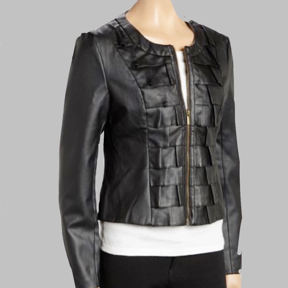 Black Faux Leather Pleated Square Jacket